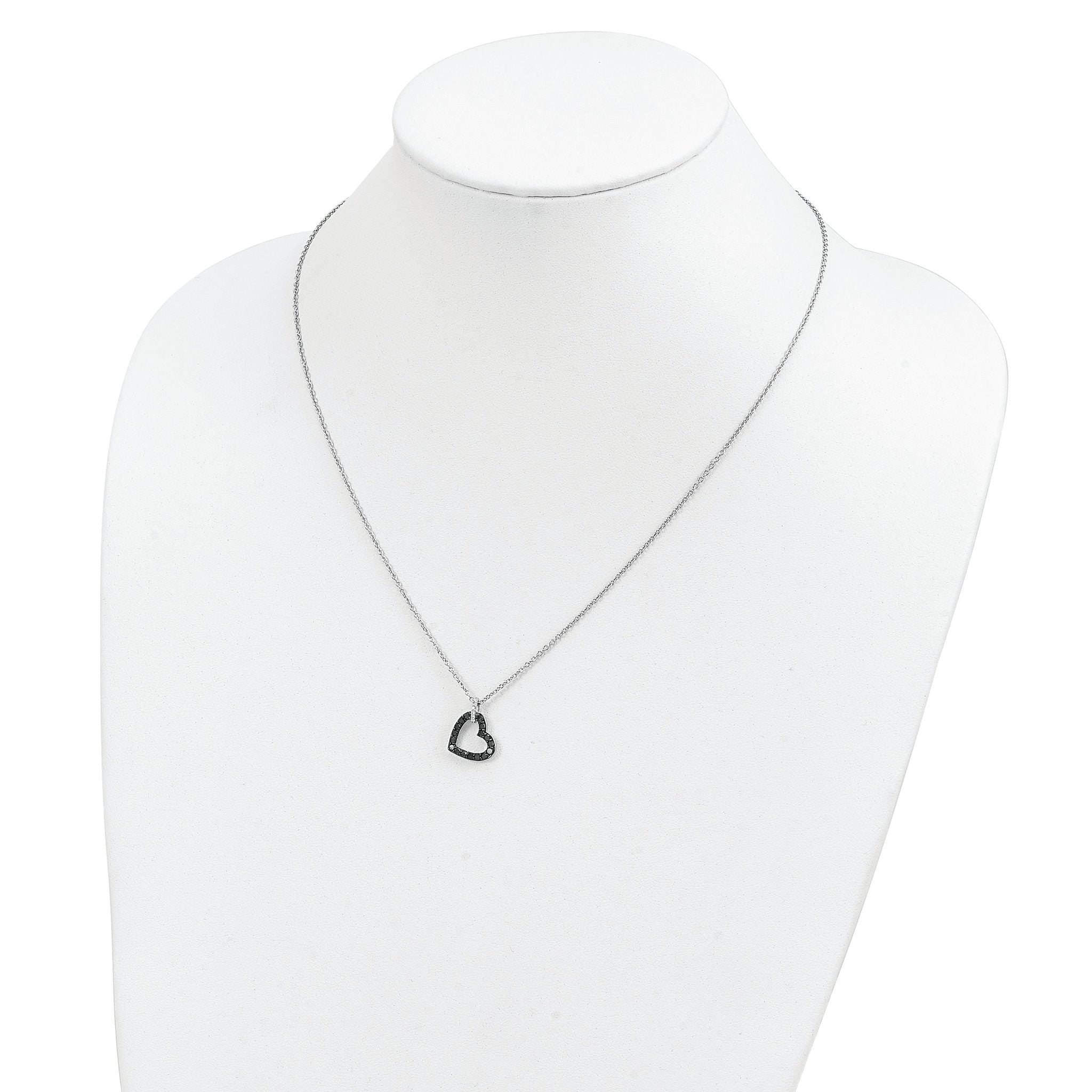 Sterling Silver Black & White Diamond Heart Necklace with Polished Rhodium Finish