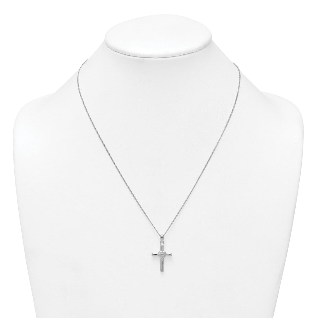Sterling Silver Rhodium-plated Polished CZ Heart Cross 20 inch with 3 inch Extender Necklace