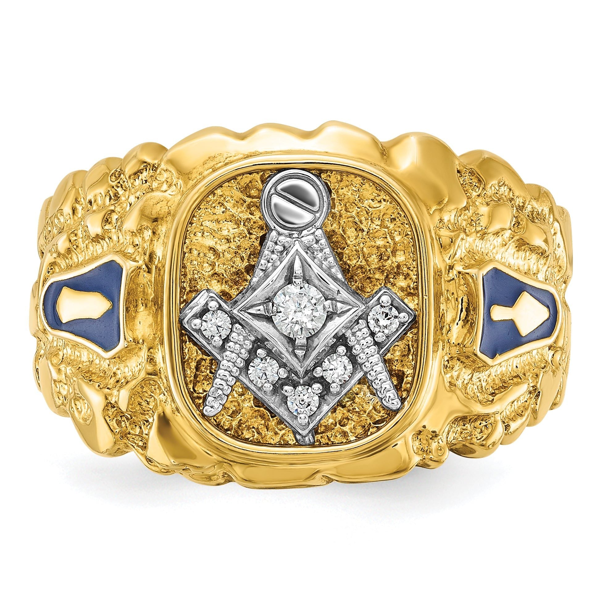14k Two-tone Men's Polished and Nugget Textured Diamond Blue Lodge Master Masonic Ring