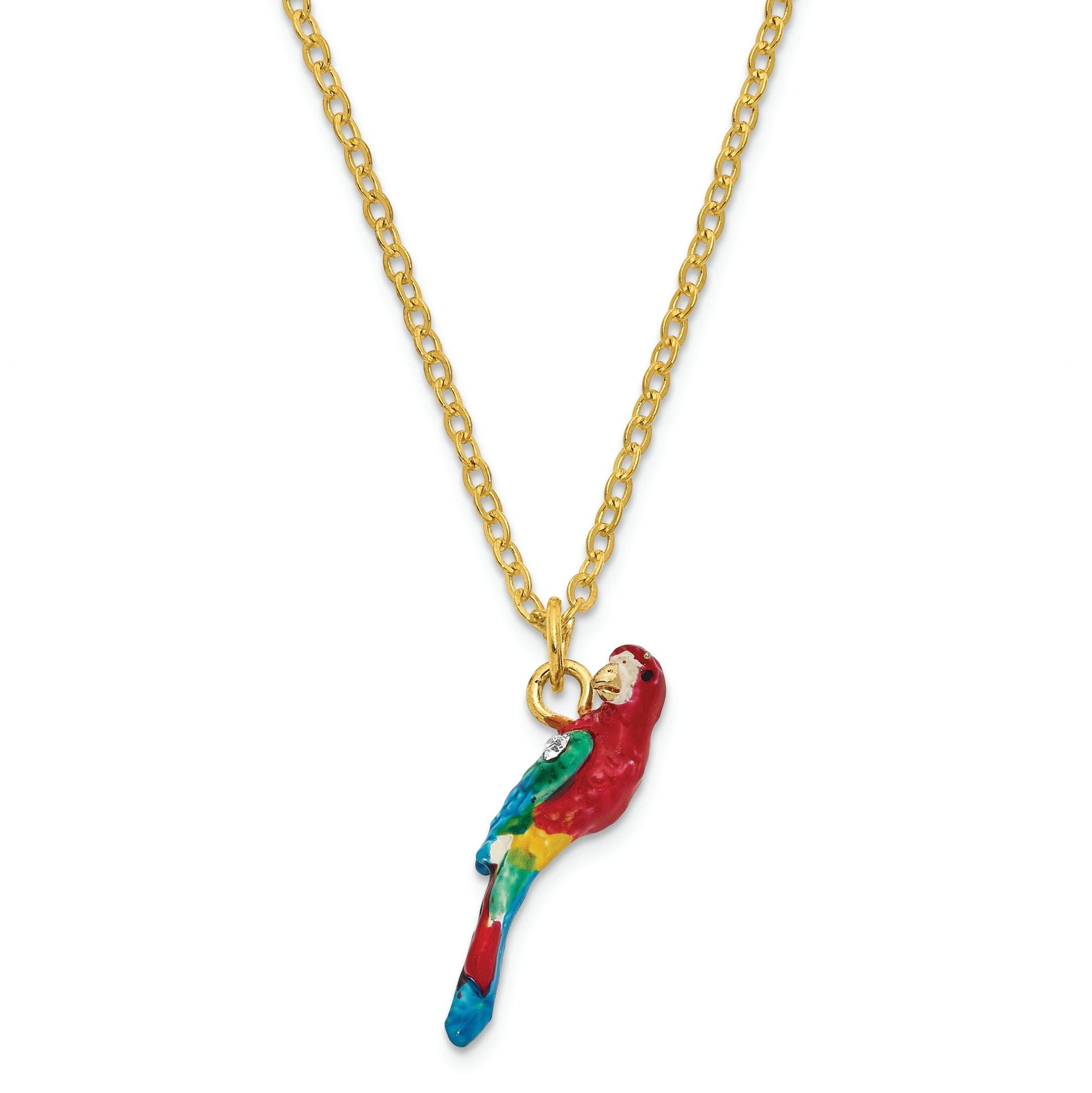Luxury Giftware by Jere Pewter Bejeweled Crystals Gold-tone Enameled GOLDNOSE Macaw Parrot Trinket Box with Matching 18 Inch Necklace