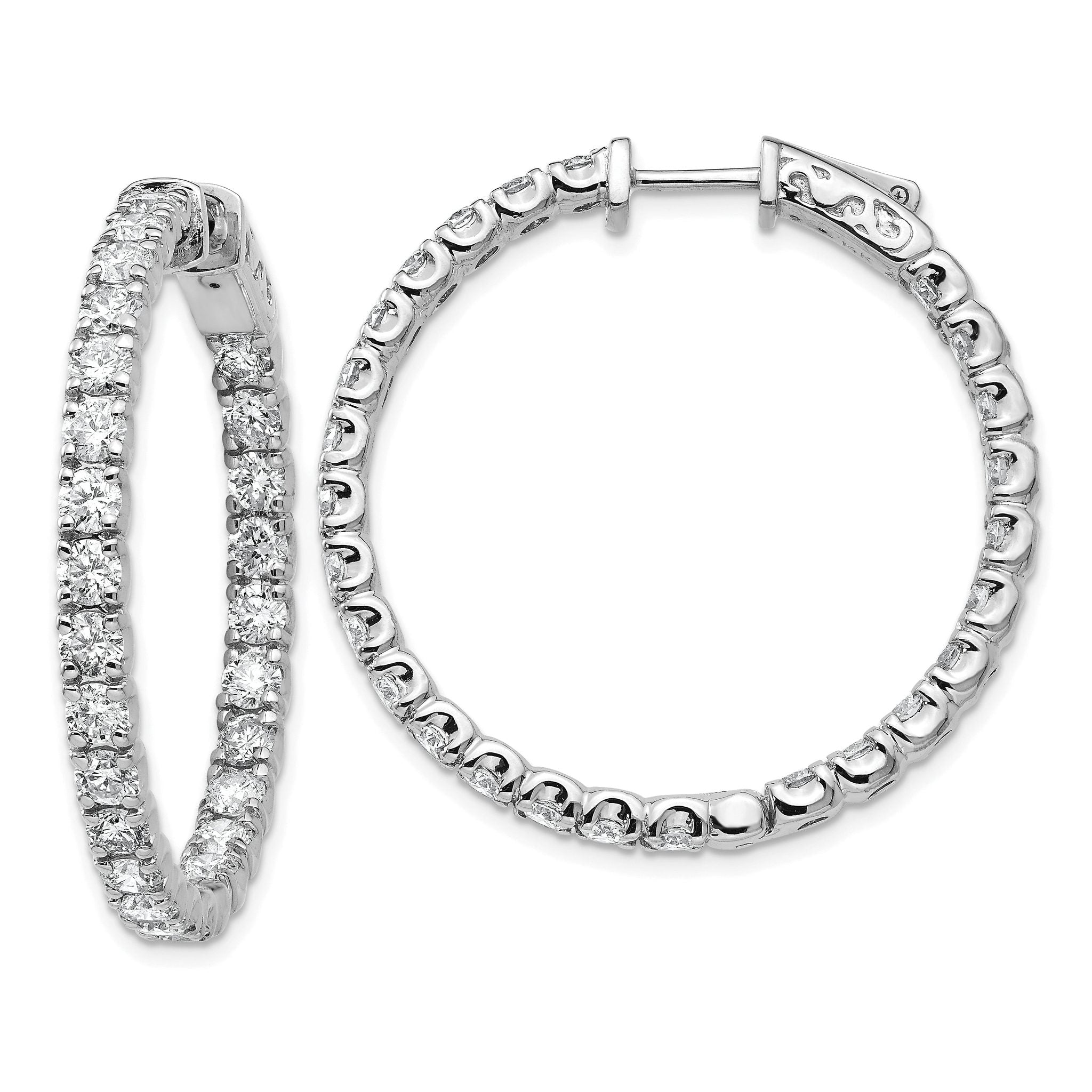 14k White Gold Diamond Round Hoop w/Safety Clasp Earrings Main image