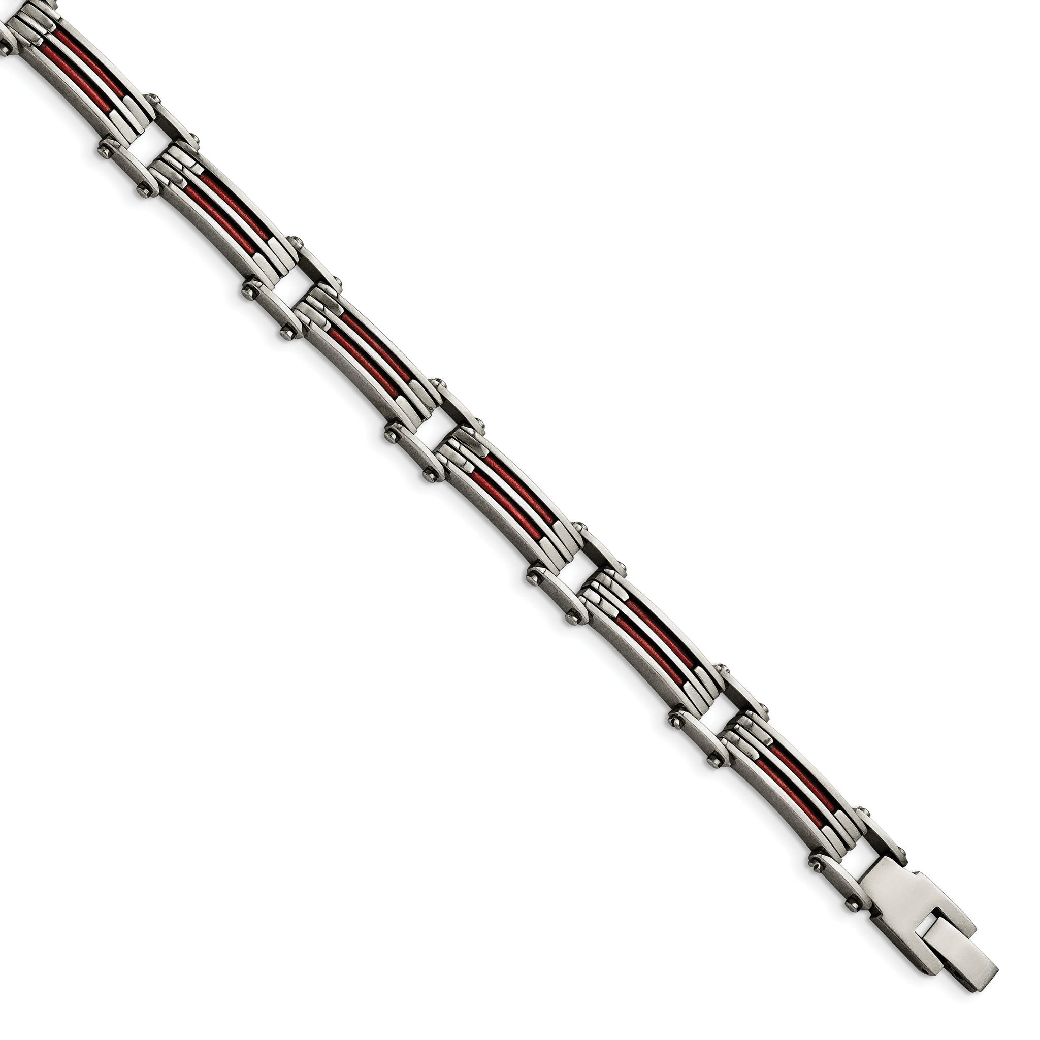 Stainless Steel Metallic Red Leather Polished Link Bracelet for Men Main image