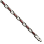 Stainless Steel Metallic Red Leather Polished Link Bracelet for Men