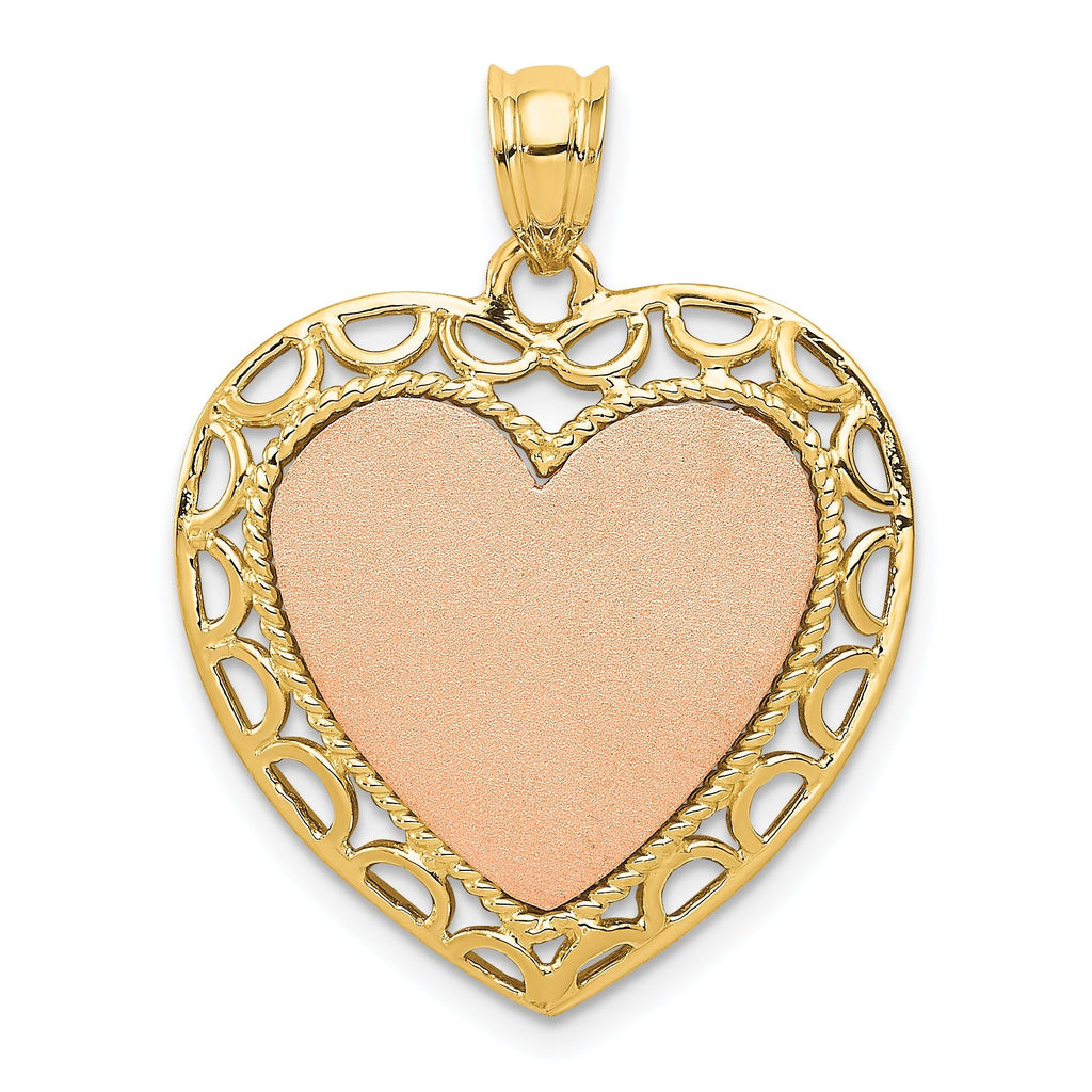 14K Two-Tone Gold Heart Pendant with Polished Lace Trim Elegant Design