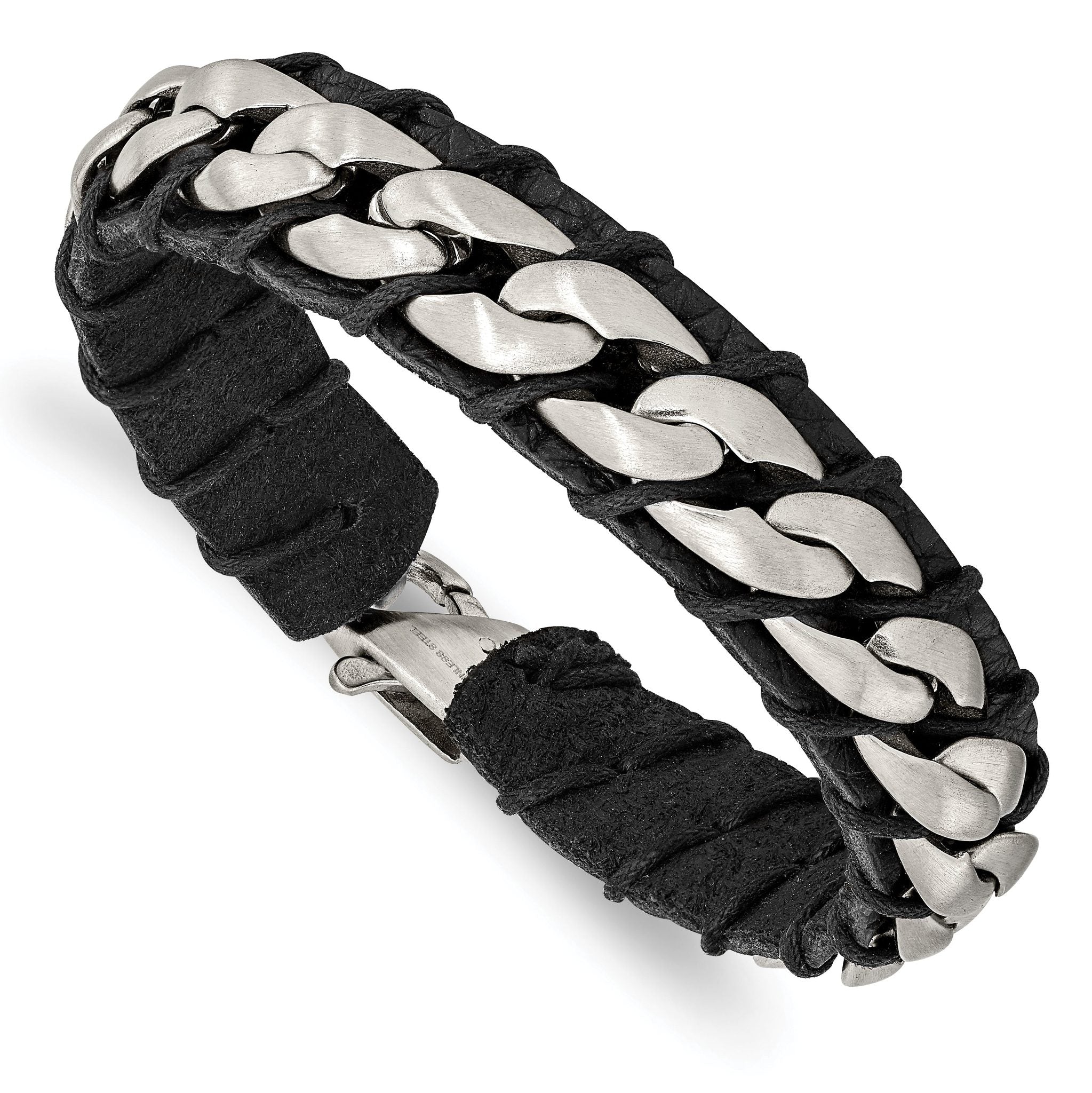 Stainless Steel Brushed Curb Chain and Black Leather Bracelet for Men Main image