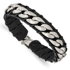 Stainless Steel Brushed Curb Chain and Black Leather Bracelet for Men