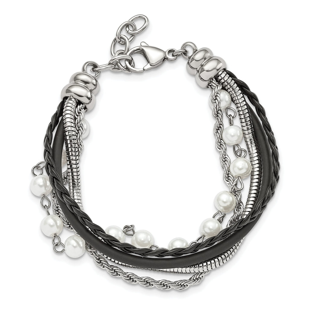 Stainless Steel Polished Leather with Simulated Pearls with ext Bracelet for Women