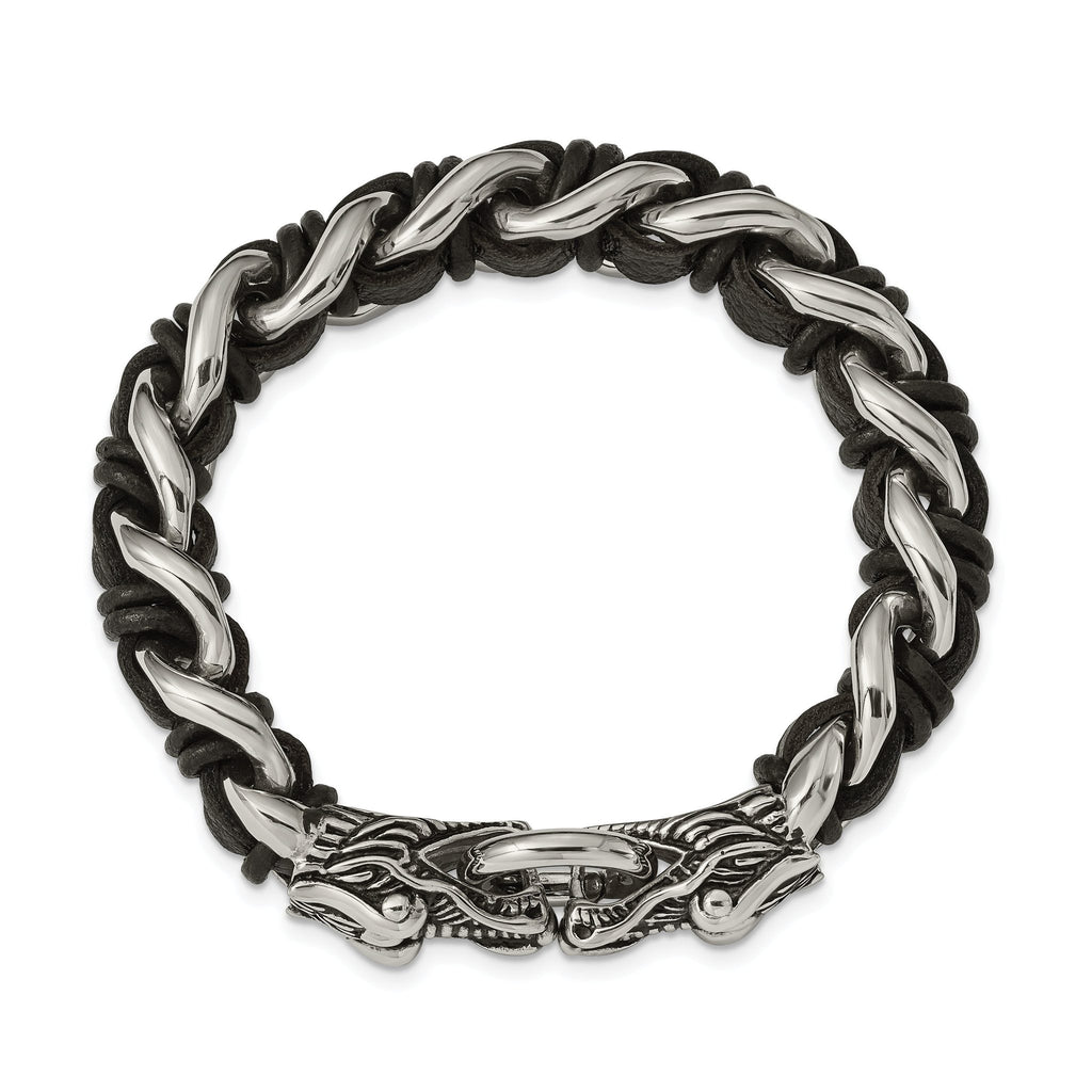 Stainless Steel Antiqued and Polished Dragon Head Curb Chain with Black Leather Bracelet for Men