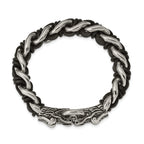 Stainless Steel Antiqued and Polished Dragon Head Curb Chain with Black Leather Bracelet for Men