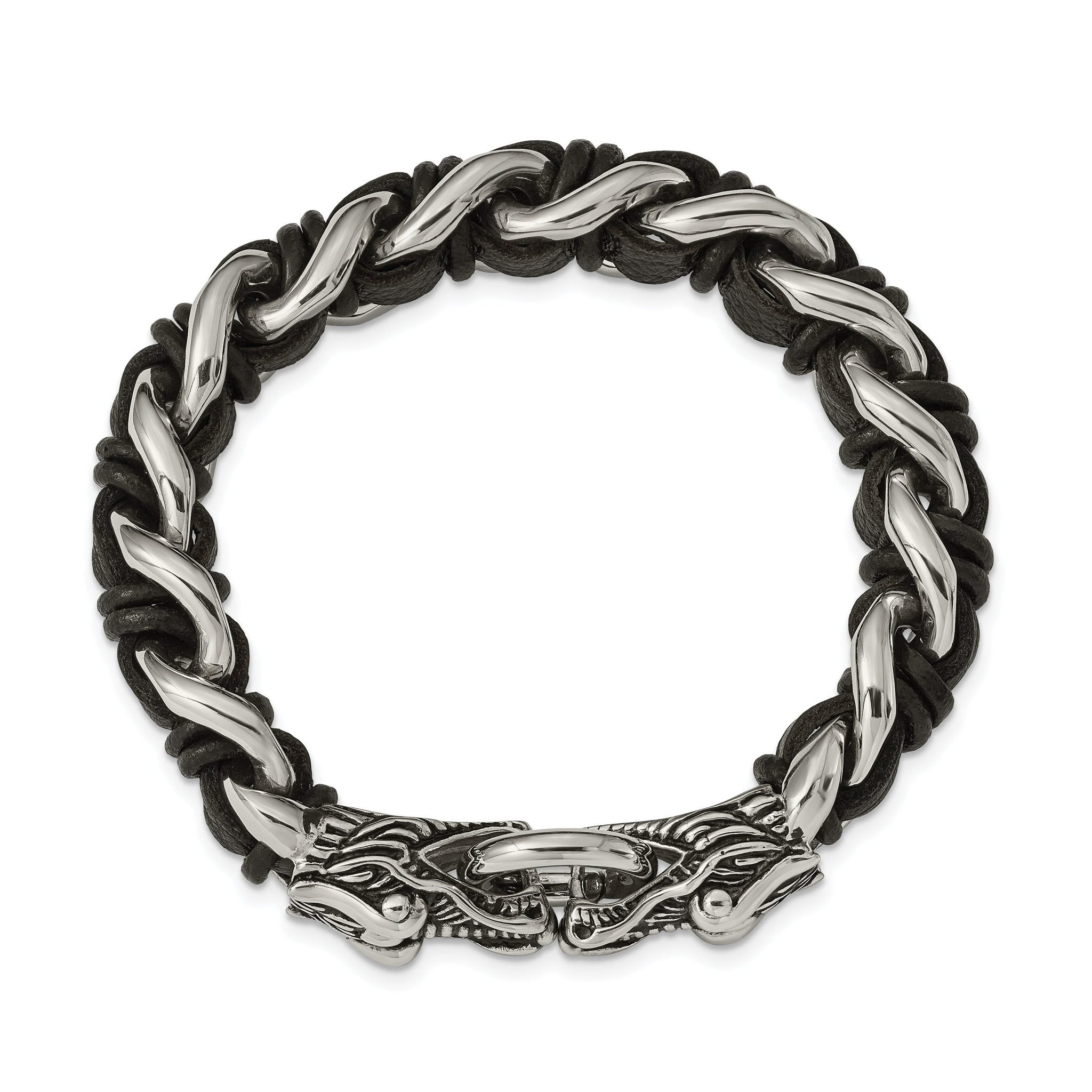 Stainless Steel Antiqued and Polished Dragon Head Curb Chain with Black Leather Bracelet for Men