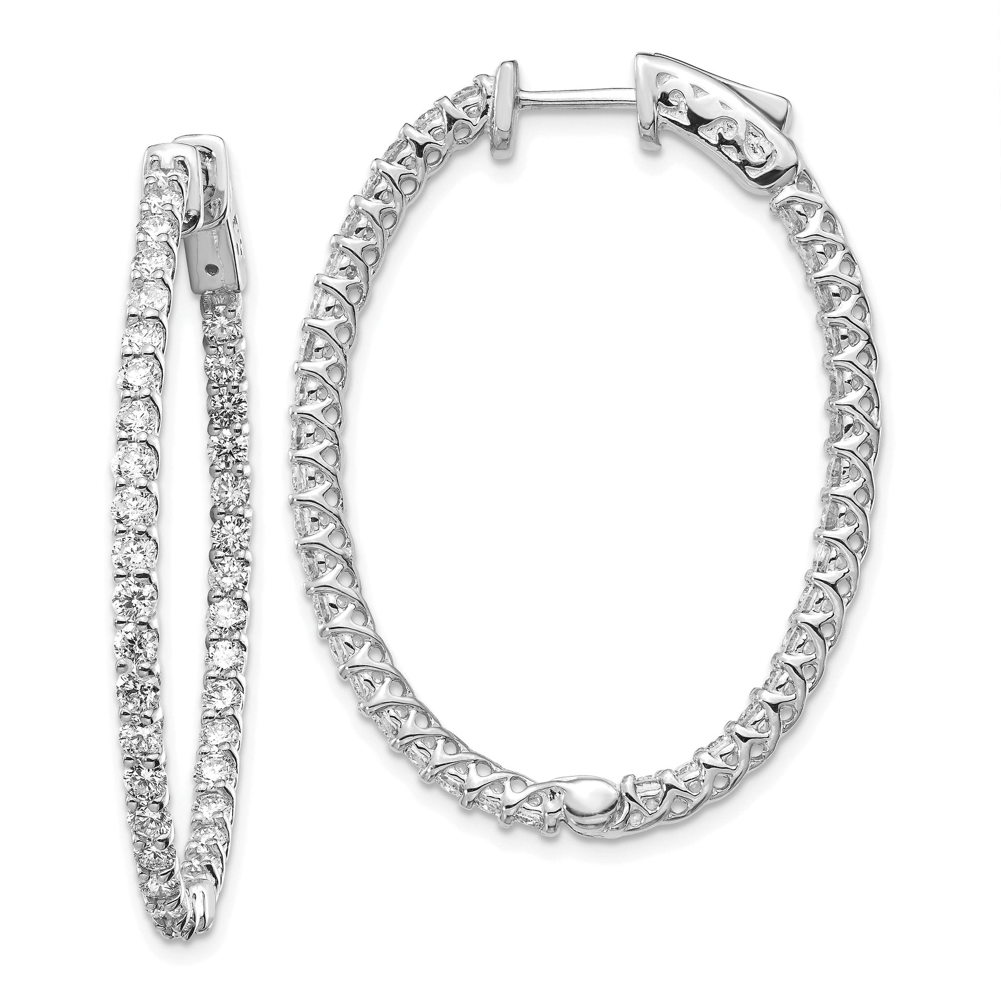 14k White Gold Diamond Oval Hoop w/Safety Clasp Earrings Main image