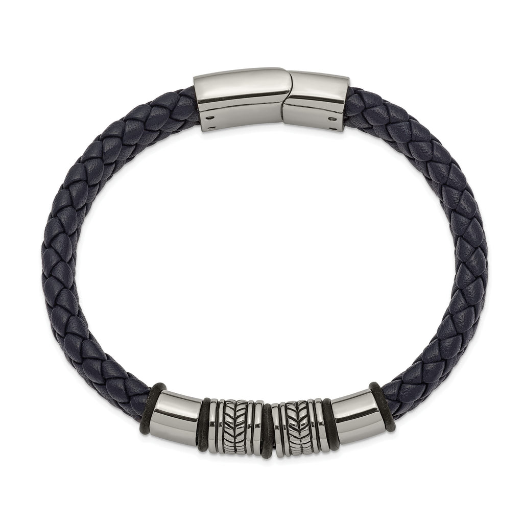 Stainless Steel Antiqued and Polished Braided Blue Leather with Black Silicone Bracelet for Men