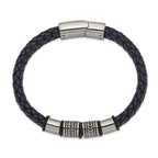 Stainless Steel Antiqued and Polished Braided Blue Leather with Black Silicone Bracelet for Men