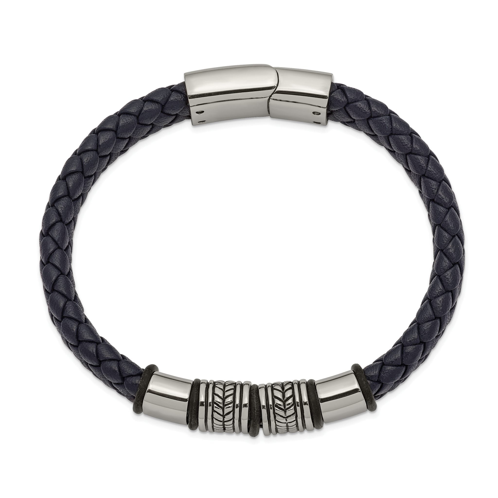 Stainless Steel Antiqued and Polished Braided Blue Leather with Black Silicone Bracelet for Men