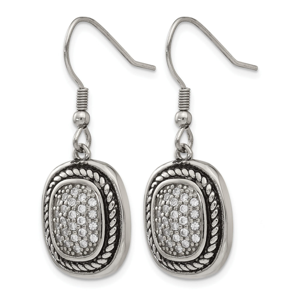 Stainless Steel Polished & Antiqued Cubic Zirconia Drop Dangle Earrings for Women