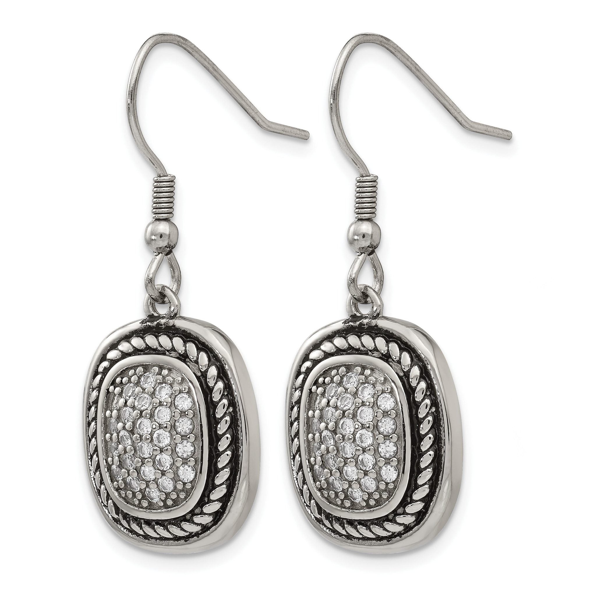 Stainless Steel Polished & Antiqued Cubic Zirconia Drop Dangle Earrings for Women