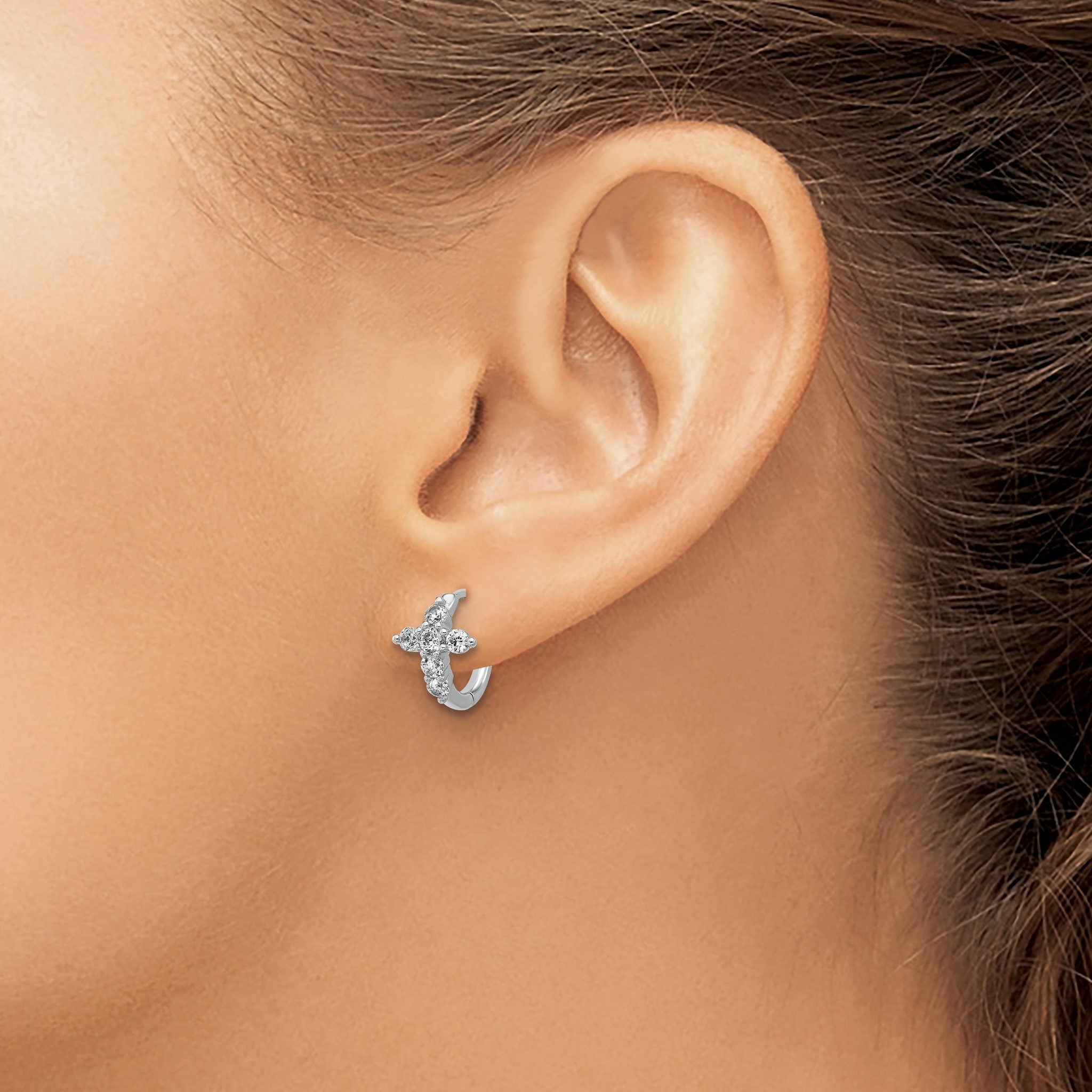 Cheryl M Sterling Silver Rhodium-plated Polished CZ Cross Hinged Round Hoop Earrings