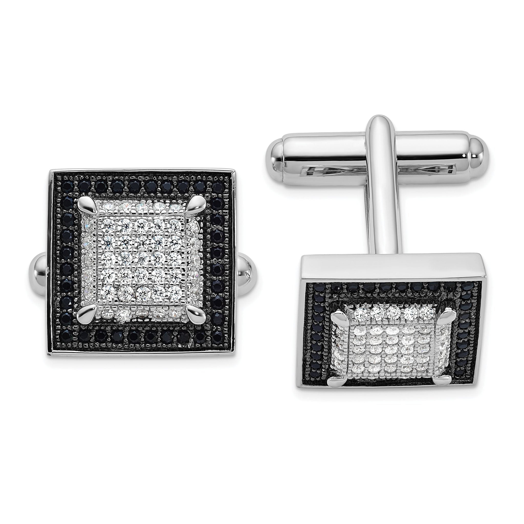 Rhodium-Plated Sterling Silver Black & White CZ Cuff Links Main image