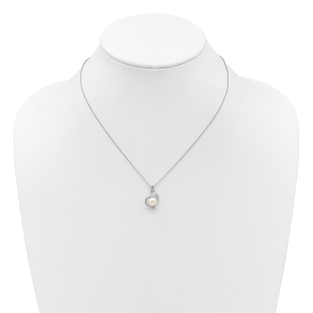 Sterling Silver Rhodium-plated 7-8mm Button White Freshwater Cultured Pearl and CZ Heart 17 inch Necklace