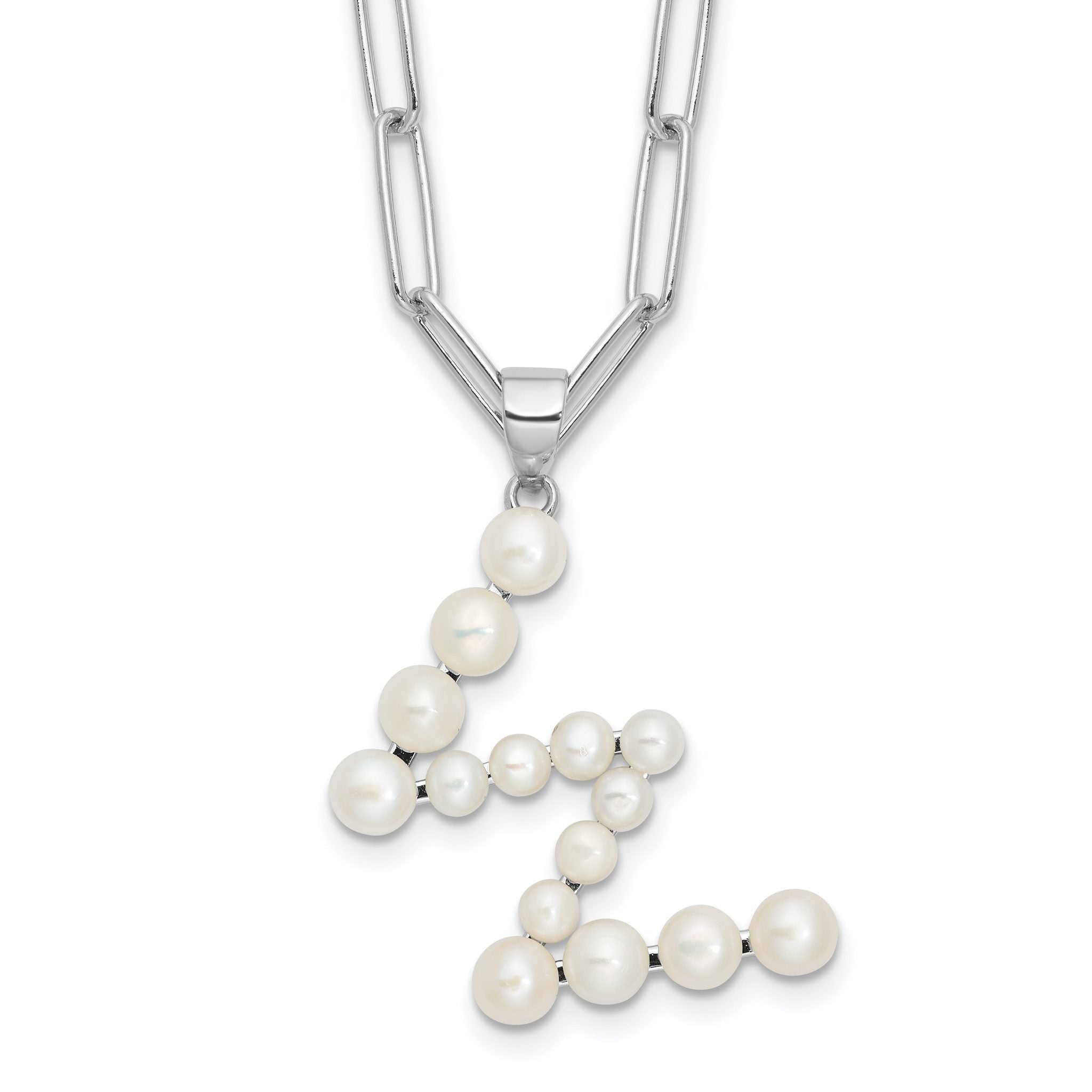 Sterling Silver Rhodium-Rhodium-Plated 3-5.5mm White Button Freshwater Cultured Pearl LETTER W 18 inch Necklace Main image