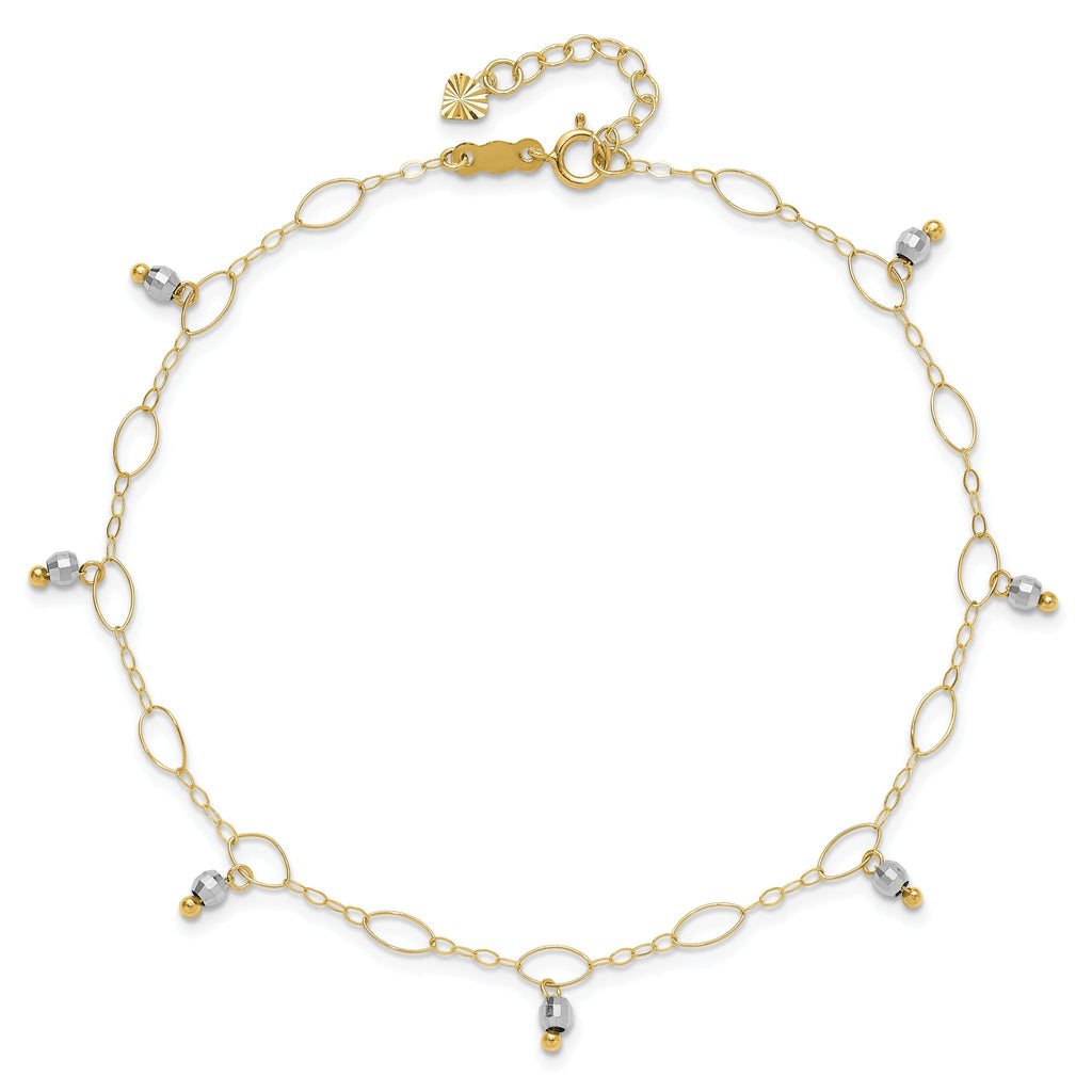 14K Two-Tone Mirror Bead Dangles 9 inch Plus 1 inch Extender - Total 10 inch Anklet