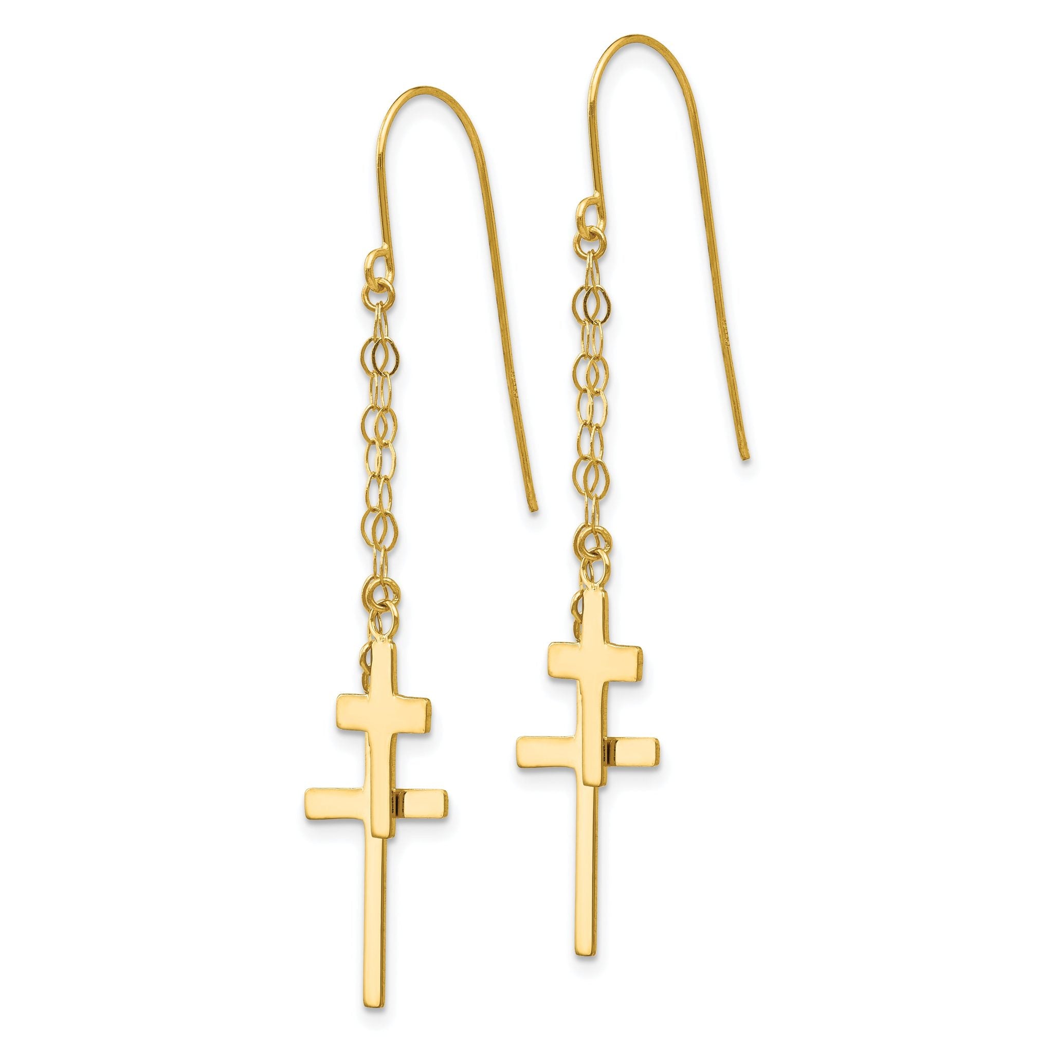 14K Gold Dangle Cross Earrings with Polished Finish for Women