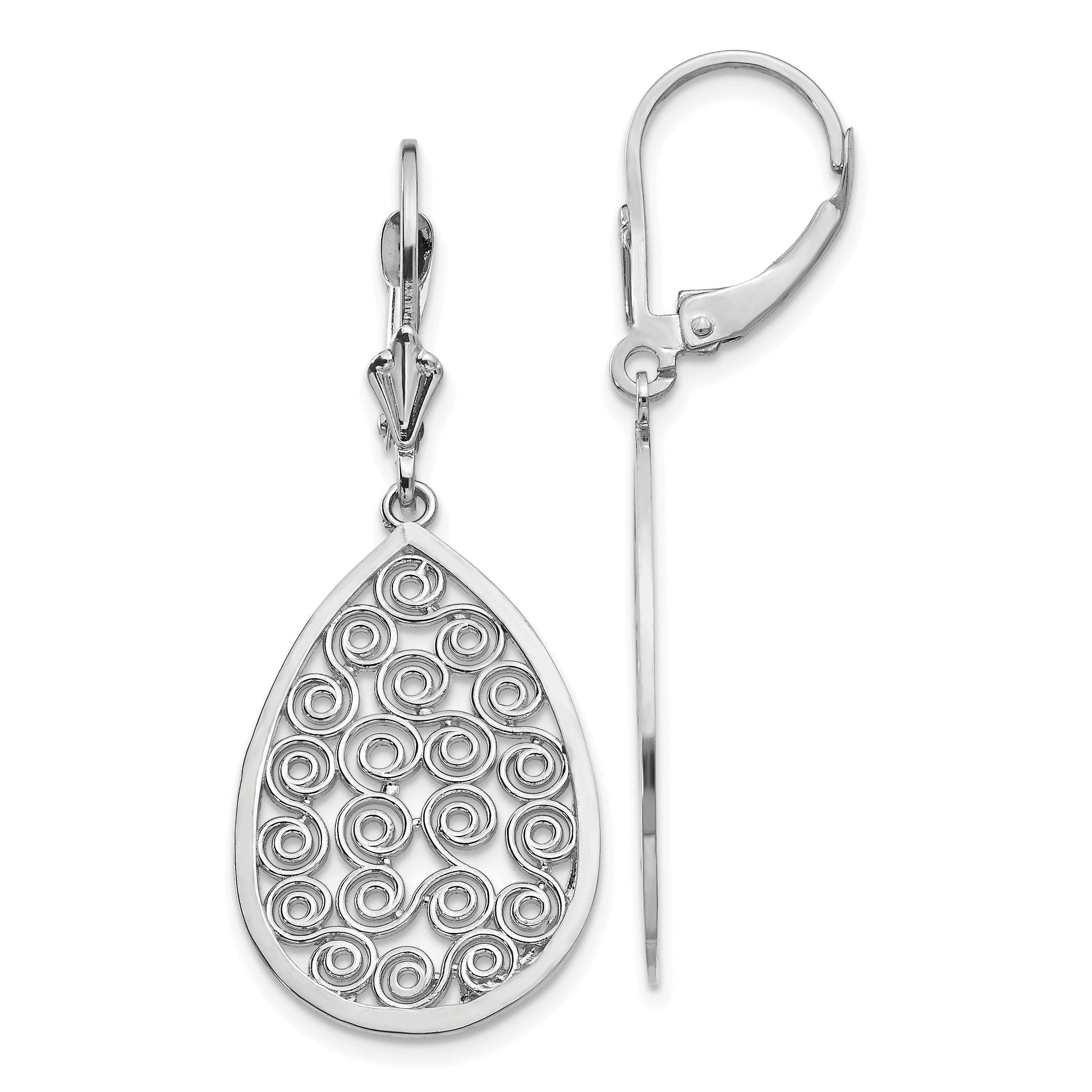 14k White Gold Teardrop Filigree Dangle Leverback Earrings Main image