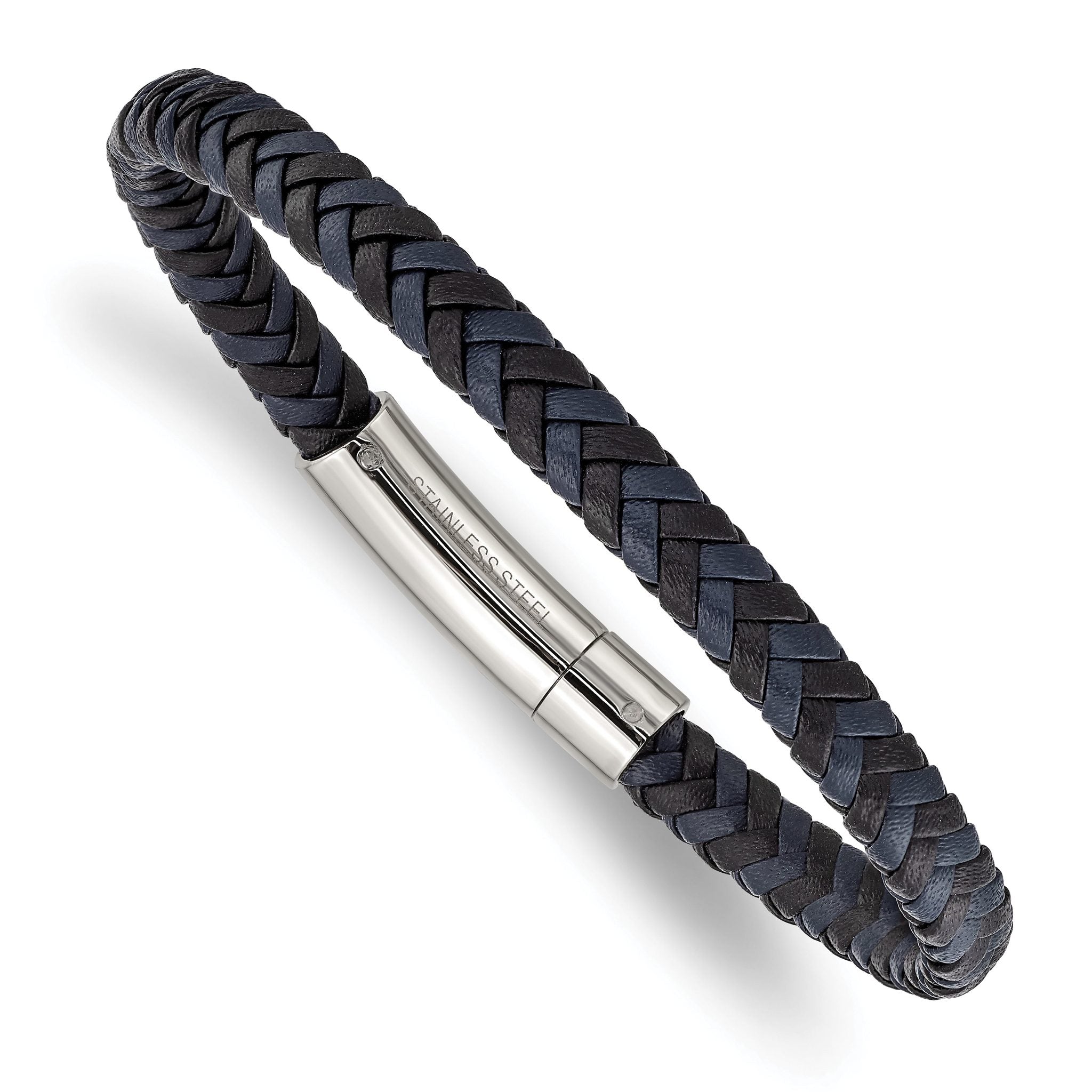 Stainless Steel Polished Black and Blue Braided Leather Bracelet Main image