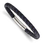 Stainless Steel Polished Black and Blue Braided Leather Bracelet