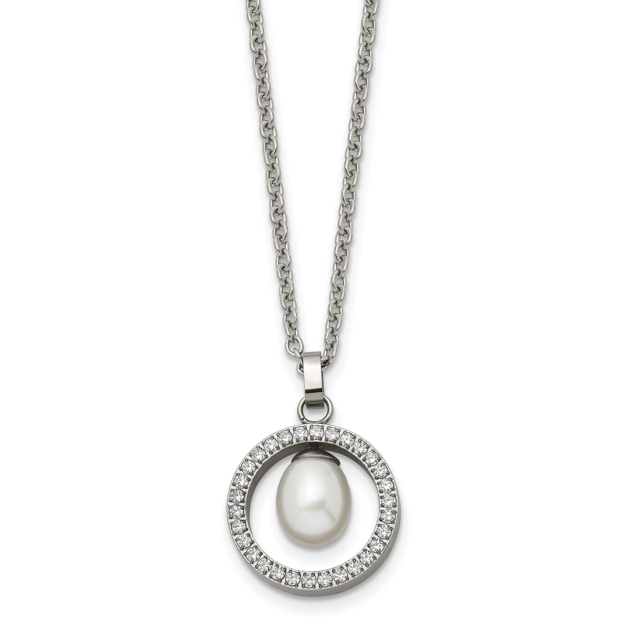 Chisel Titanium Polished with CZ and Freshwater Cultured Pearl 22 inch Necklace Main image