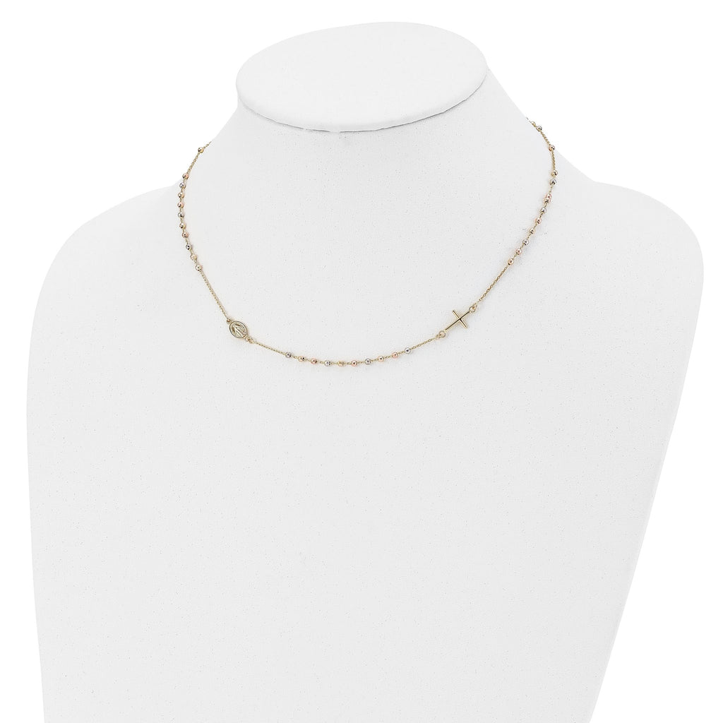 14K Tri-color Sideways Cross Beaded Rosary Style 18 inch Necklace