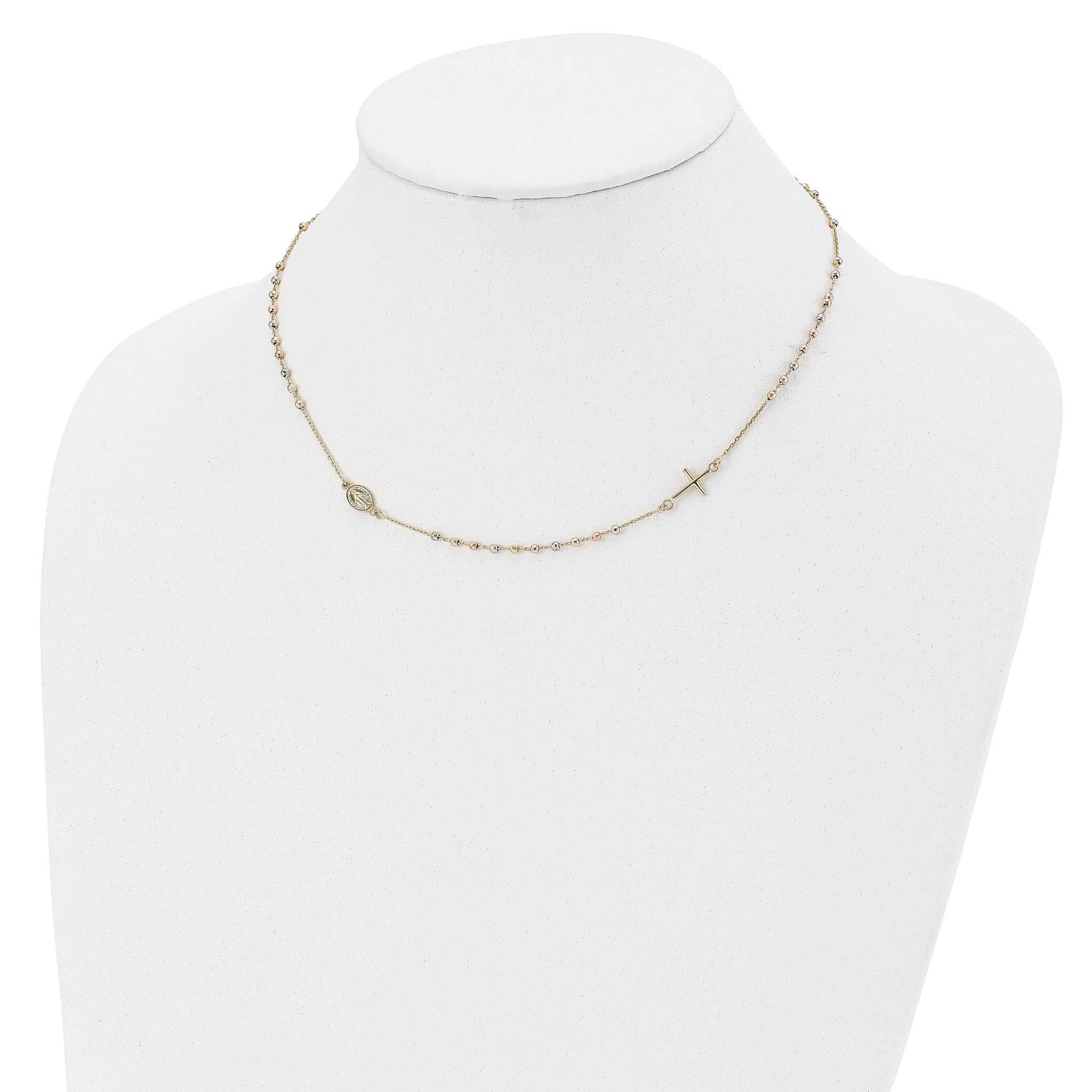14K Tri-color Sideways Cross Beaded Rosary Style 18 inch Necklace