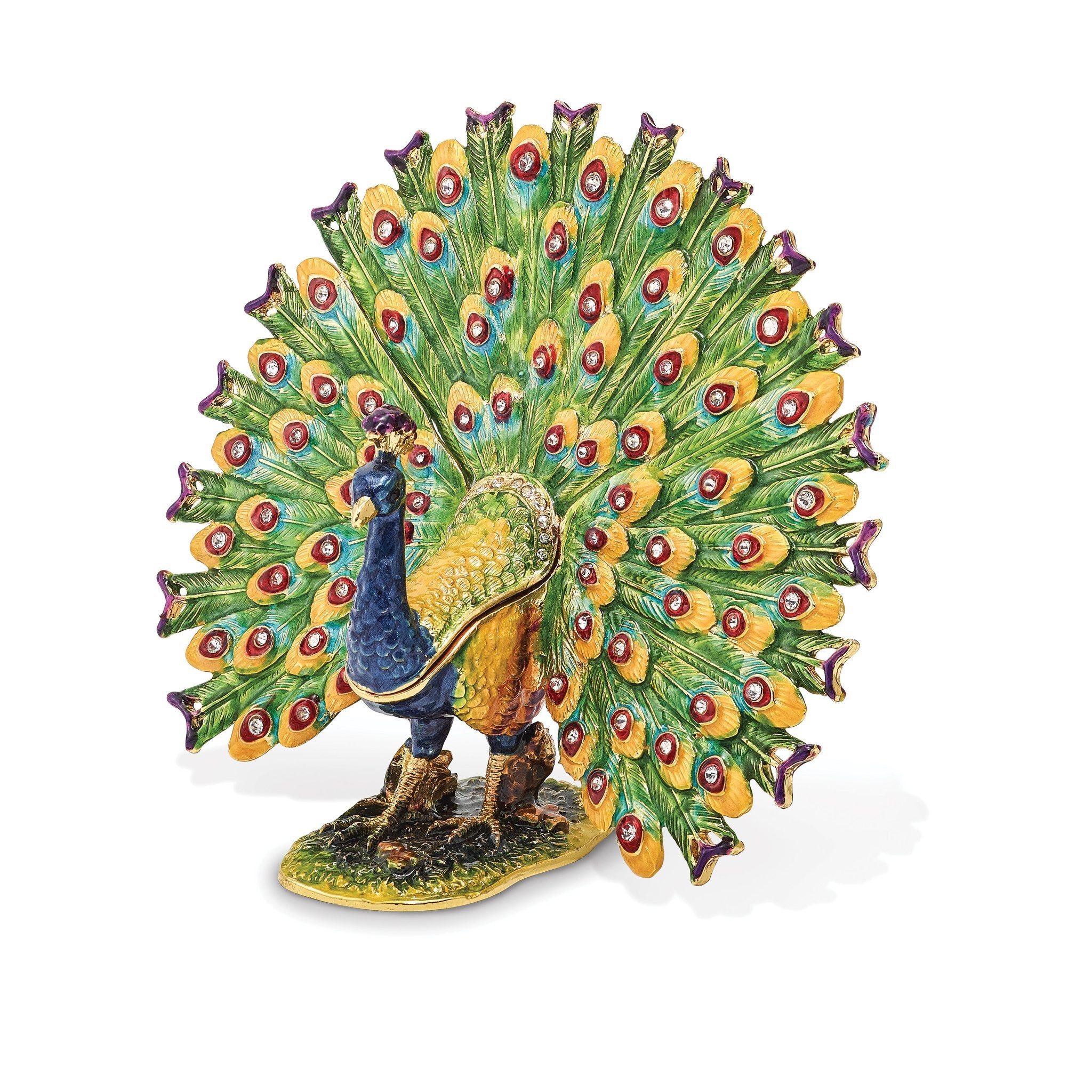Luxury Giftware by Jere Pewter Bejeweled Crystals Gold-tone Enameled PROUD AS A PEACOCK Strutting Peacock Trinket Box with Matching 18 Inch Necklace