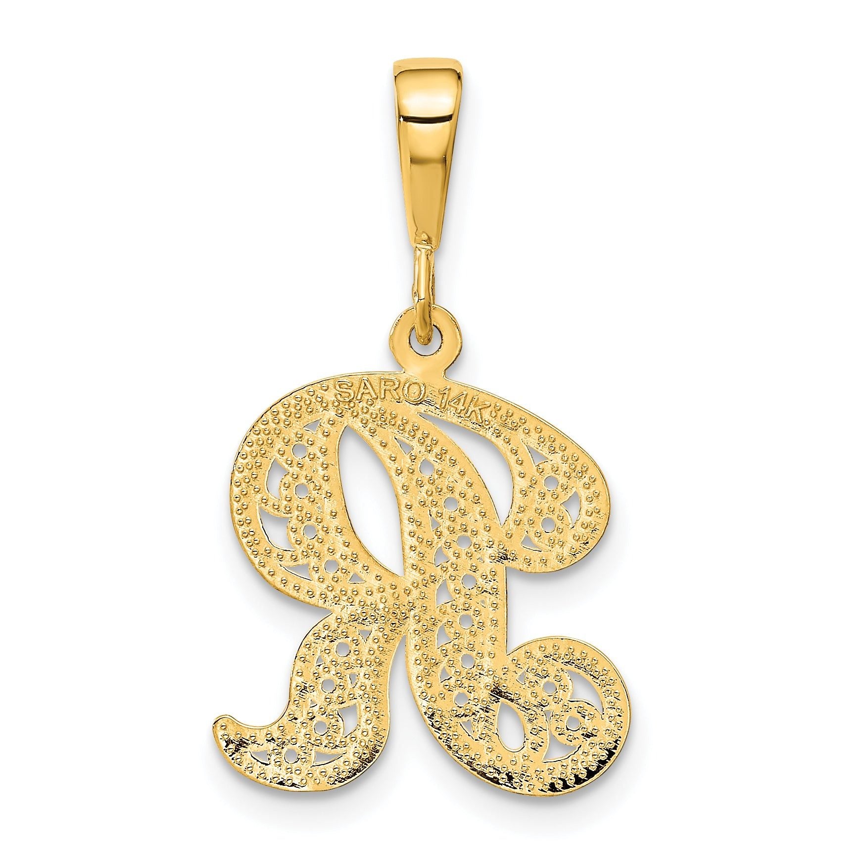 14K Gold Polished Filigree Letter R Script Pendant  Elegant Large Design