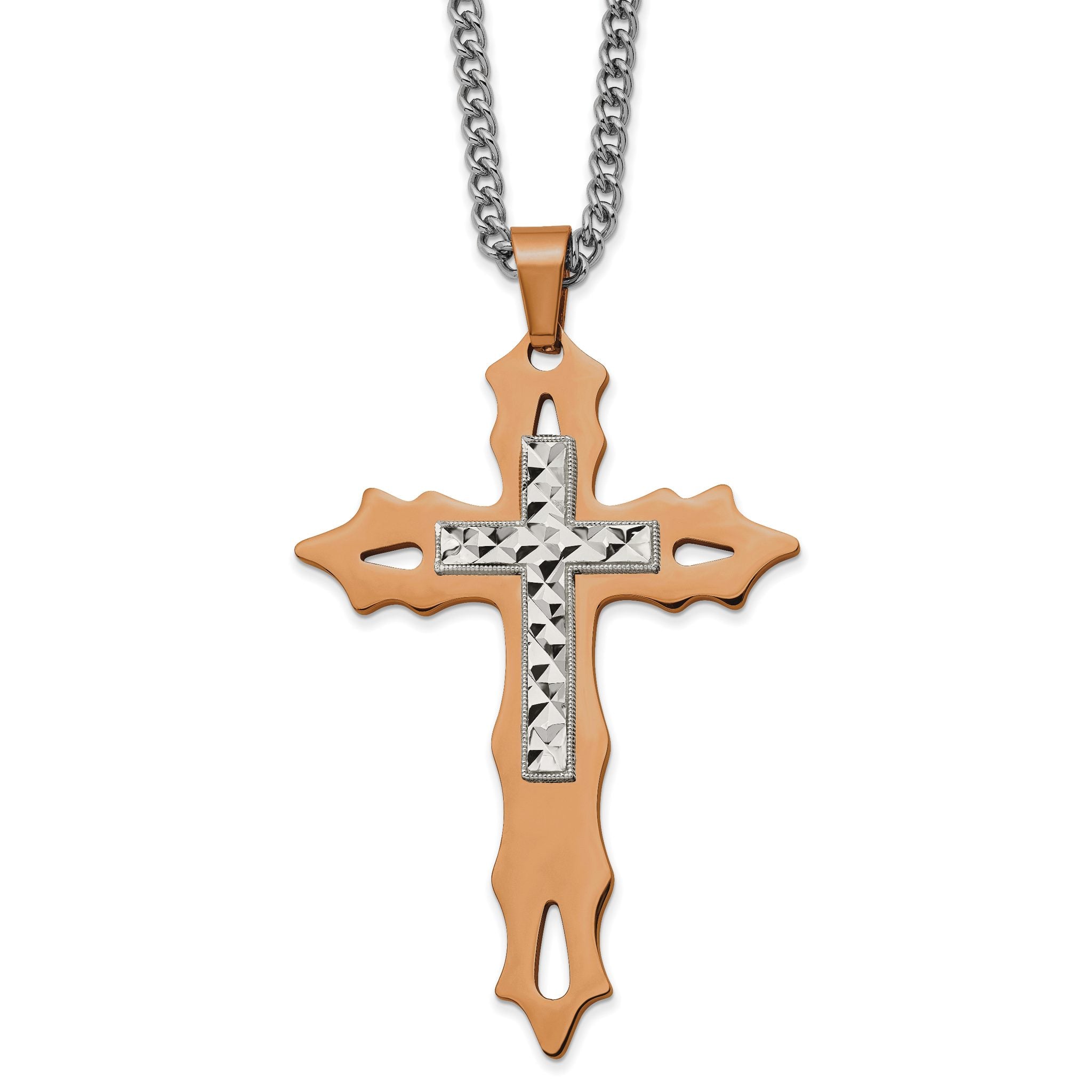 Chisel Stainless Steel Polished Brown IP-plated Diamond Cut Cross Pendant on a 24 inch Curb Chain Necklace Main image