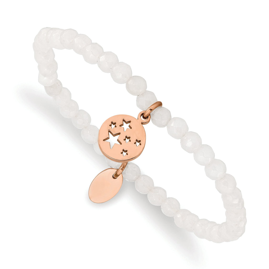 Stainless Steel Polished Rose IP-plated Stars 4mm White Jade Beaded Stretch Bracelet for Women