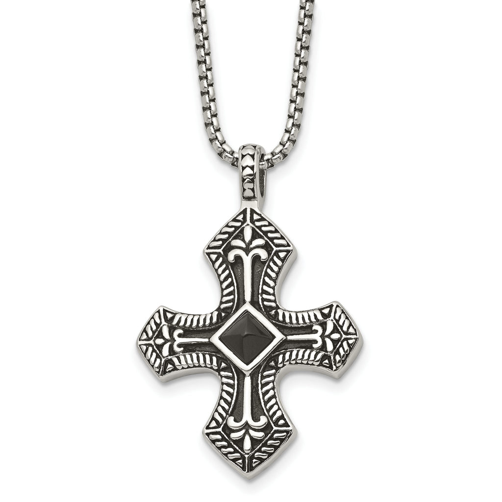 Black Agate Cross Necklace in Stainless Steel