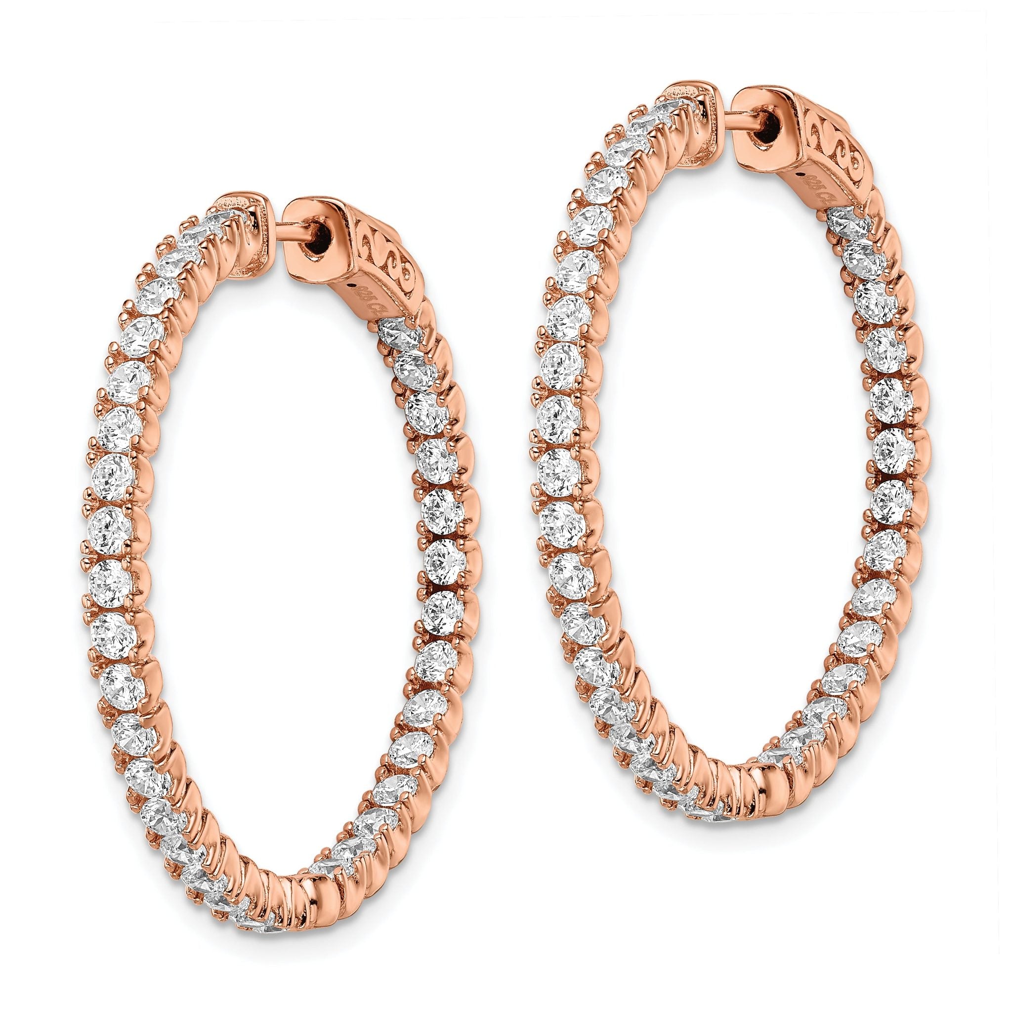 Sterling Shimmer Sterling Silver Rose-tone Flash Rose Gold-plated 68 Stone 2.25mm CZ In and Out Round Hinged Hoop Earrings Secondary image