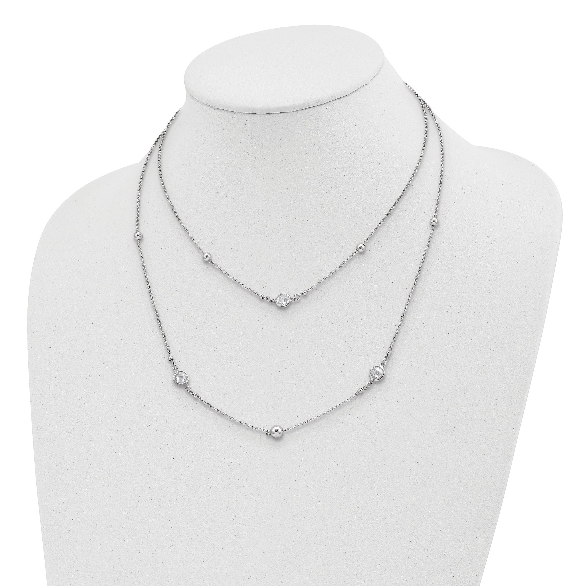 Sterling Silver Rhodium-plated CZ/Beaded 2-strand With 1in Ext. Necklace Secondary image