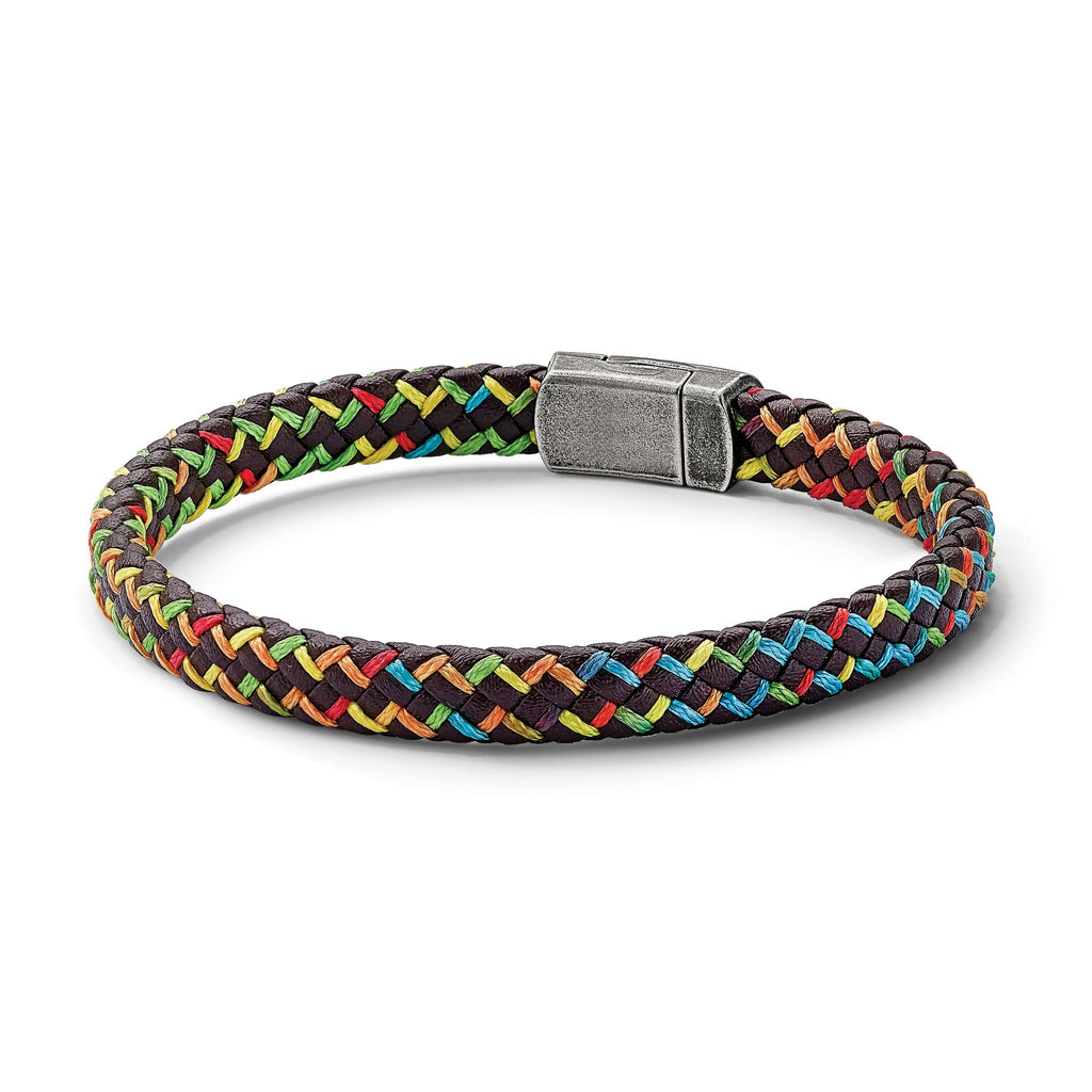 Stainless Steel Antiqued Braided Brown Leather and Multi-color Nylon Bracelet