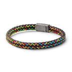 Stainless Steel Antiqued Braided Brown Leather and Multi-color Nylon Bracelet