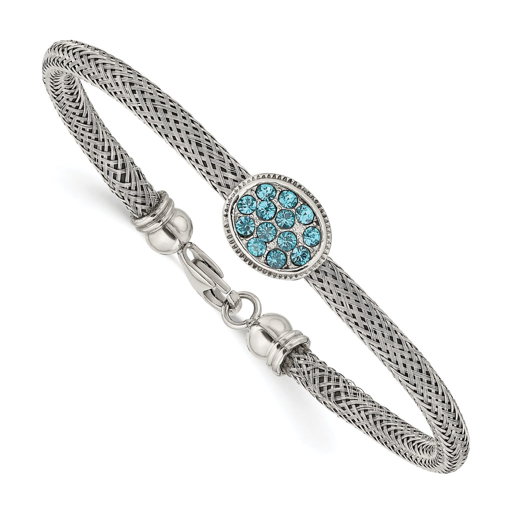 Stainless Steel Polished and Textured Blue Crystal Bracelet for Women