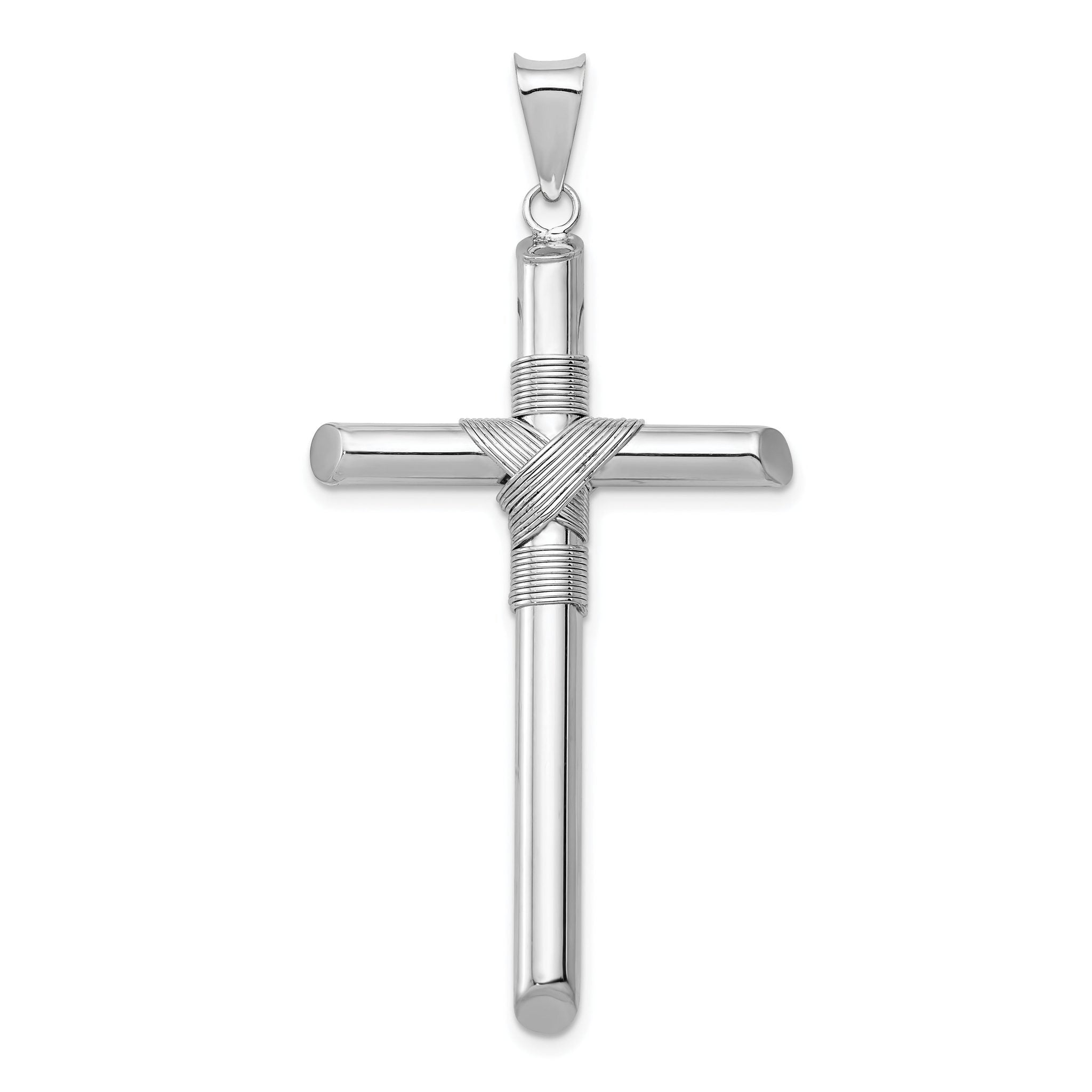 14K White Gold Polished Cross Pendant with Center Wrap & Rhodium Finish
