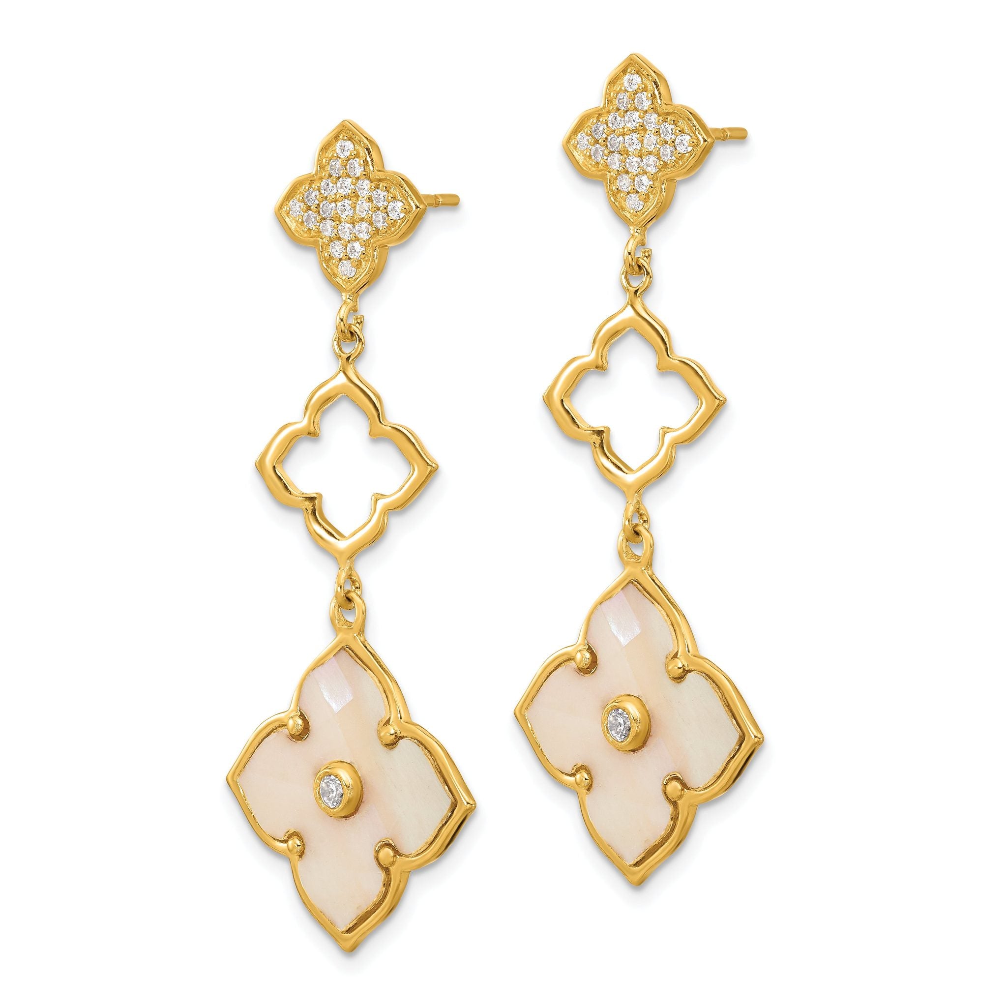 Sterling Silver Gold-tone Polished MOP & CZ Floral Post Dangle Earrings Secondary image
