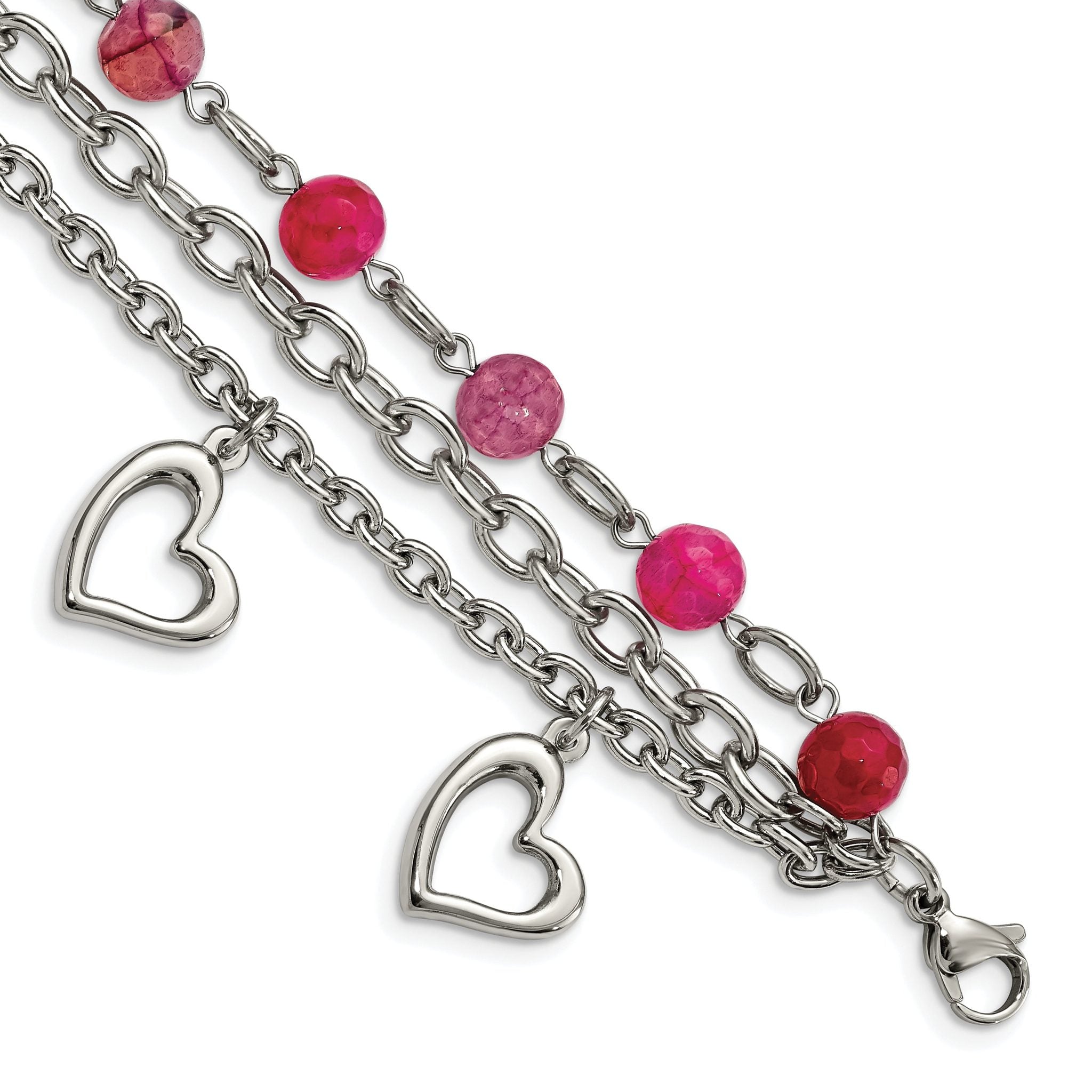 Stainless Steel Polished with Pink Agate and Hearts Bracelet for Women Main image