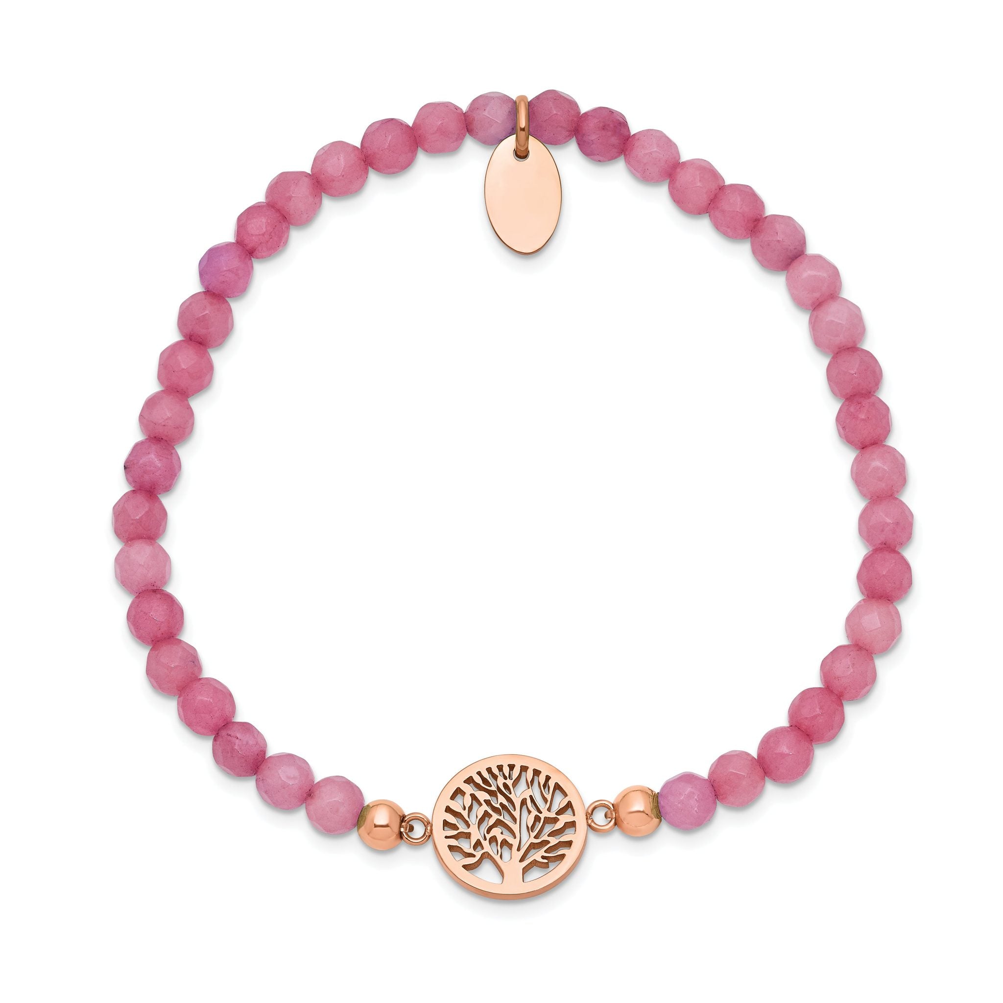 Stainless Steel Polished Rose IP-plated Tree of Life 4mm Red Jade Beaded Stretch Bracelet for Women Secondary image
