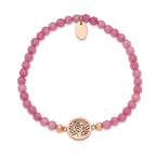 Stainless Steel Polished Rose IP-plated Tree of Life 4mm Red Jade Beaded Stretch Bracelet for Women