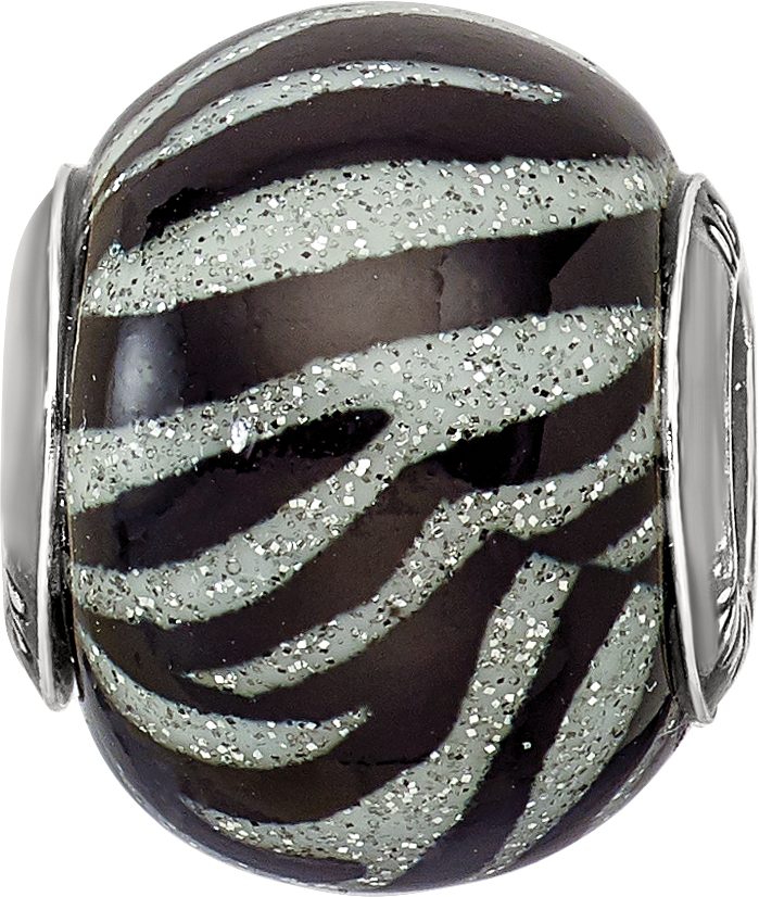 Sterling Silver Black & White Striped Glass Bead Polished Finish Elegant Style