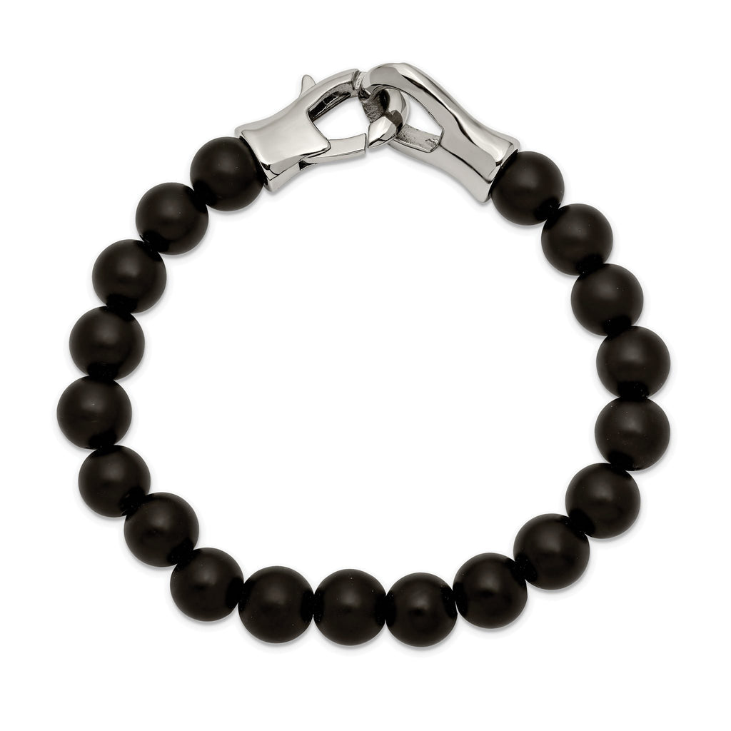 Stainless Steel Polished Black Agate Beaded Bracelet for Men