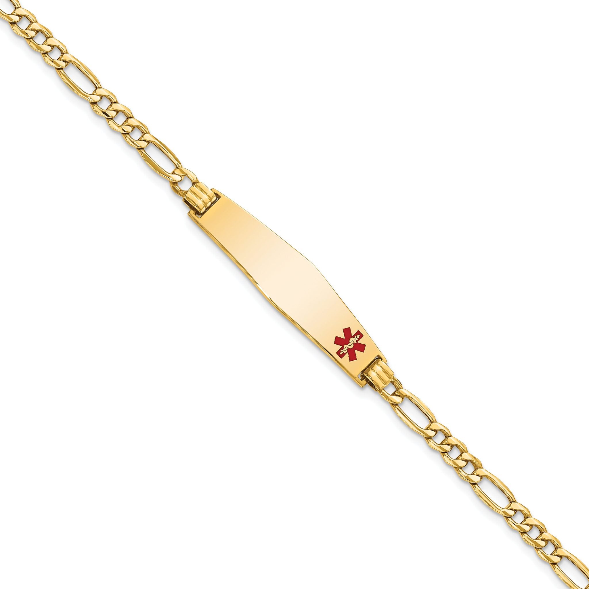 14K Medical Semi-Solid Chain/Solid Plate Soft Diamond Shape 34x8mm Off-Center Red Enamel Figaro Link 7 inch ID Bracelet Main image
